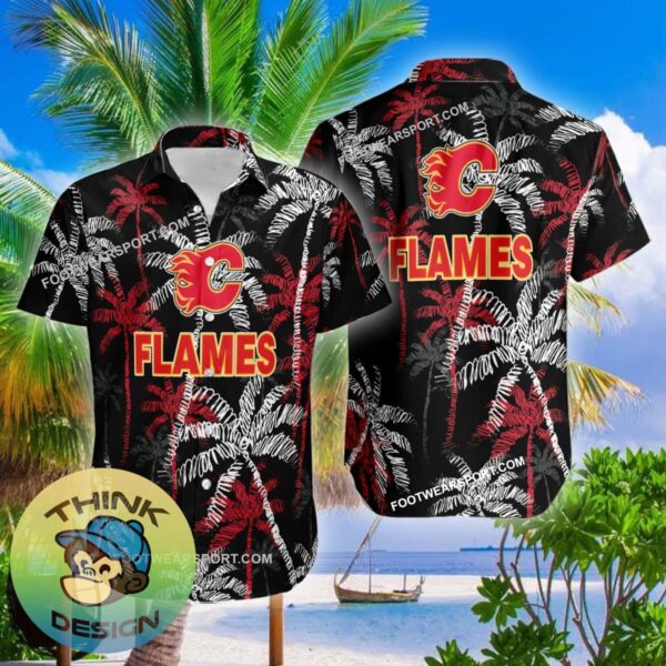 Calgary Flames Hawaiian Shirt Coconut Tree Vintage All Over Print Gift Summer - NHL Calgary Flames 3D Hawaiian Shirt Coconut Tree_2